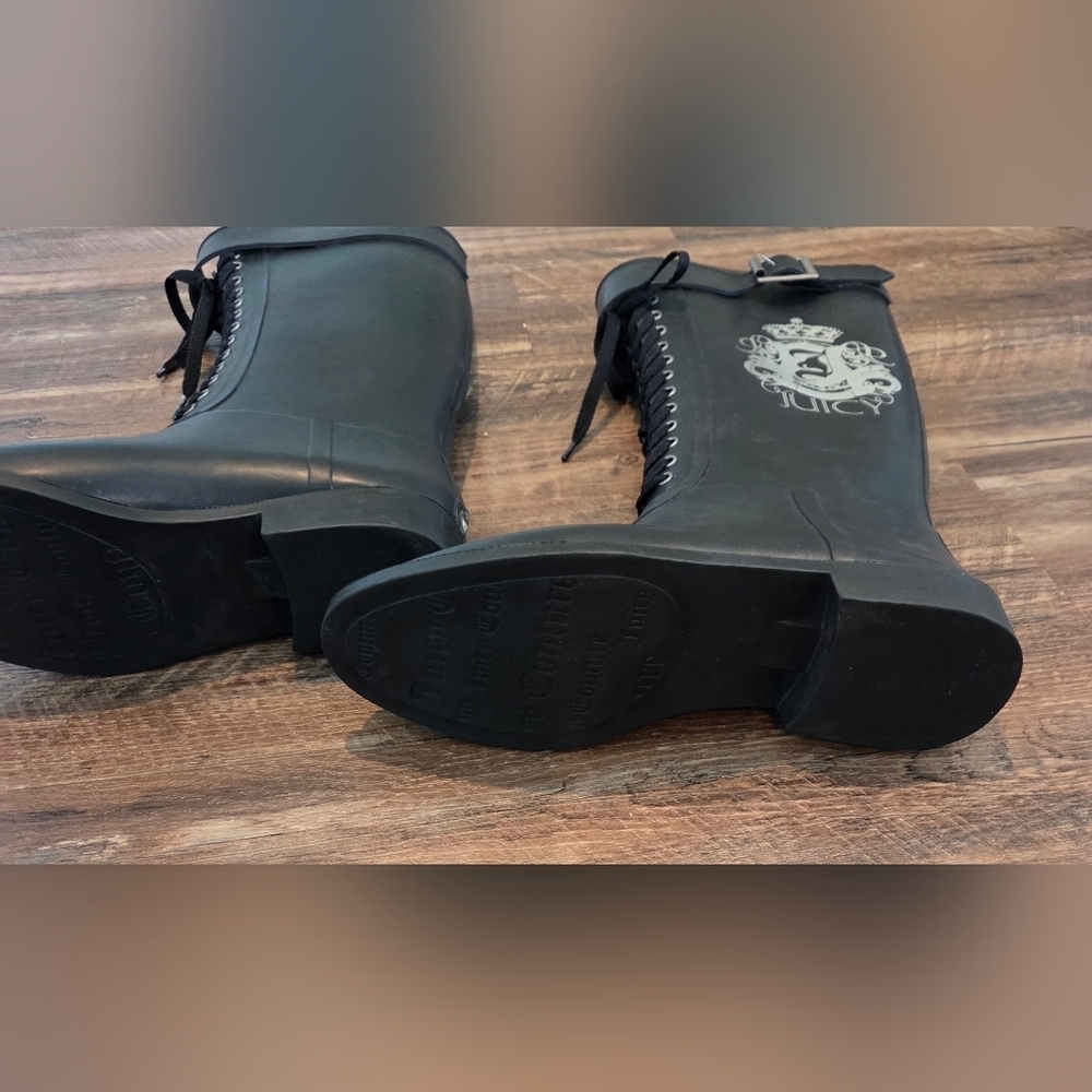 Juicy Couture Black Rain Boots Lace Up Buckle Logo Crown US 8 - Picture 6 of 15